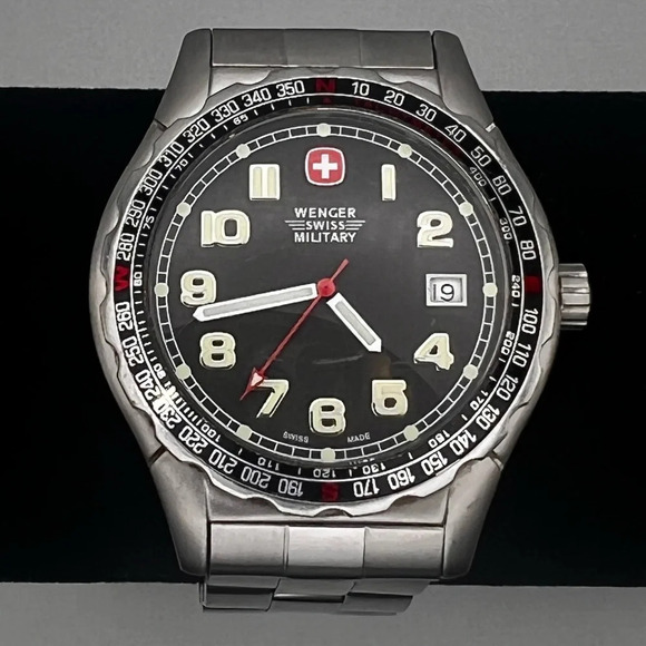 Vintage 90's Wenger Round Black Silver Diver 100M Men’s Watch Working - Picture 7 of 9